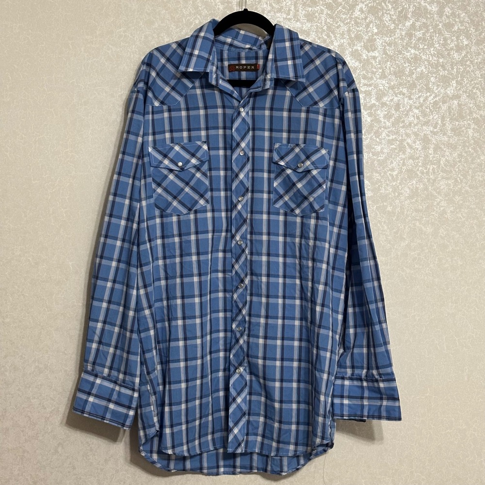 Roper Western Pearl Snap Shirt Blue & White Plaid Long‎ Sleeve Cowboy Rodeo 2XLT